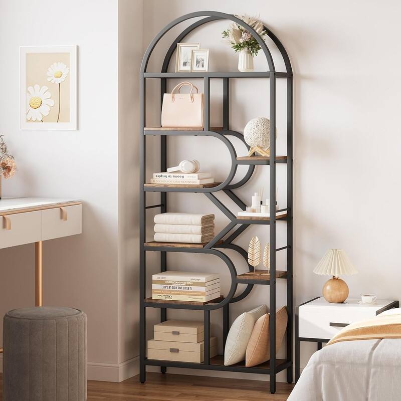 6-Tier Arched Bookshelf, Geometric Freestanding Bookcase and Open Display Storage Rack