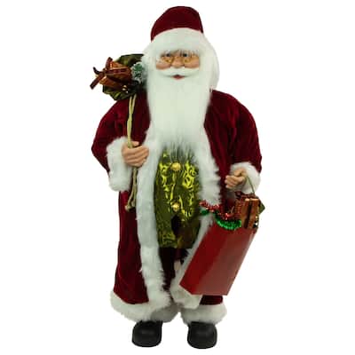 36" Poinsettia Santa Claus with Gift Bag Christmas Figure