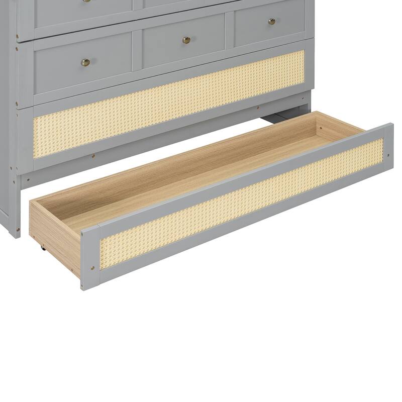 Grey Murphy Bed with Drawer, Rattan Patterned Full Size Bed