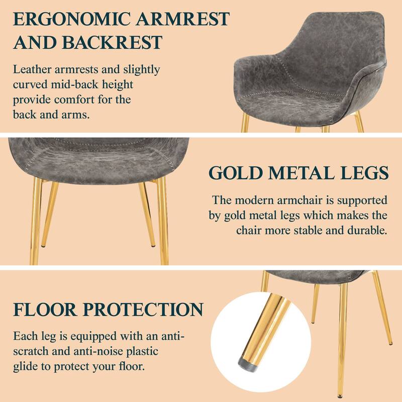 Markley Modern Leather Dining Armchair Set of 2 With Gold Metal Legs Accent Side Chair