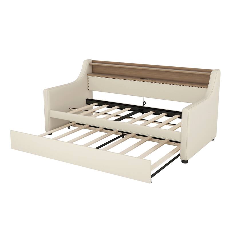 Roomfitters Upholstered Twin Daybed with Trundle, Built-in Charging Station & Lighting Headboard, Space-Saving Design