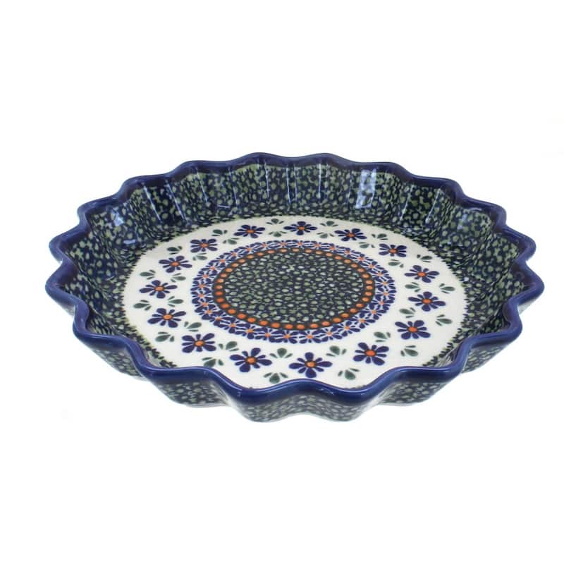 Blue Rose Polish Pottery 1331 Zaklady Scallop Quiche Dish - Mosaic Flower