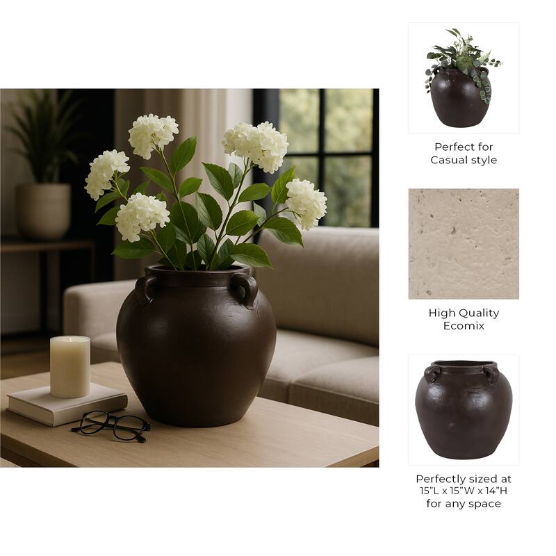 Rustic Heritage Table Vase with Textured Finish and Handles - Brown