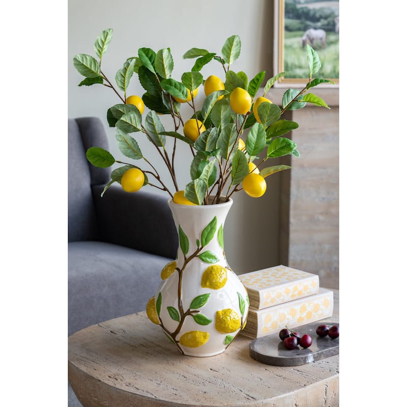 9x9x13.5" Round White Ceramic Vase with Vibrant Yellow Lemon Accents
