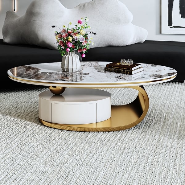 55 Inches Modern Oval Faux Marble Coffee Table with Storage For Living ...