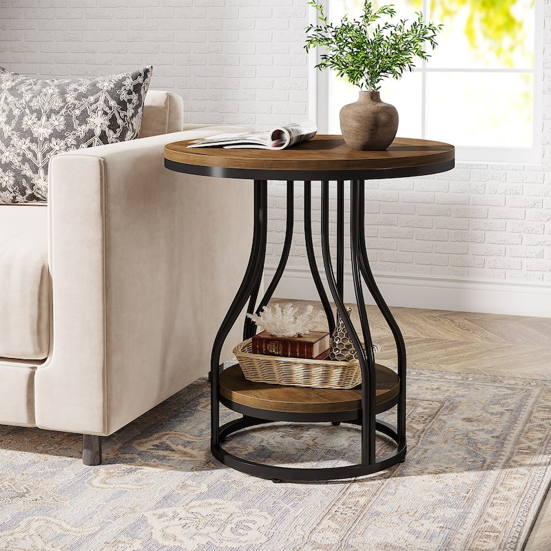 2-Tier Round End Side Table, Modern Nightstand