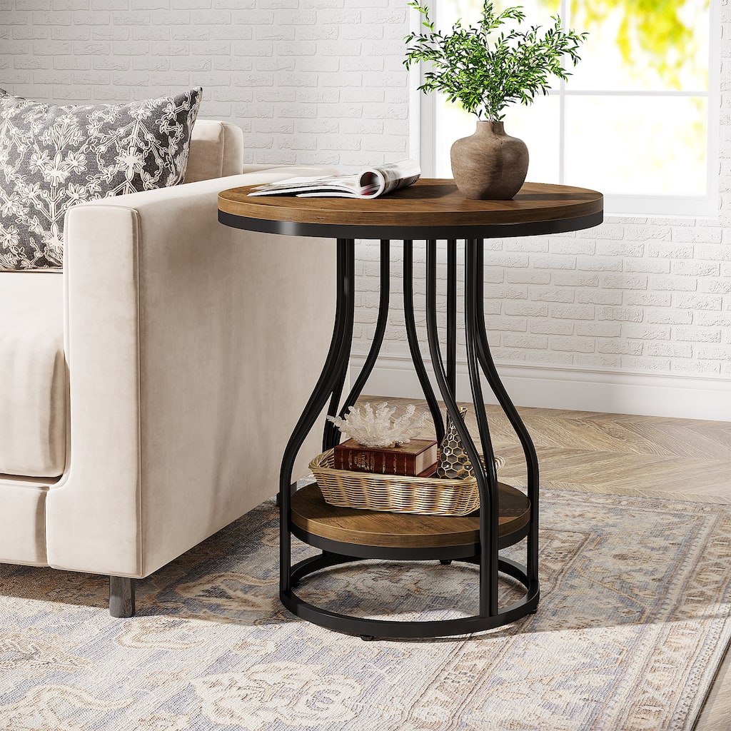 Small Round Side End Table with Storage for Living Room