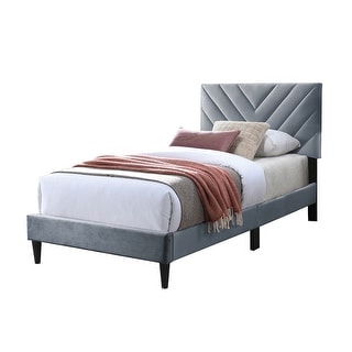Velvet Upholstered Adjustable Headboard Twin Bed with V-stitching ...