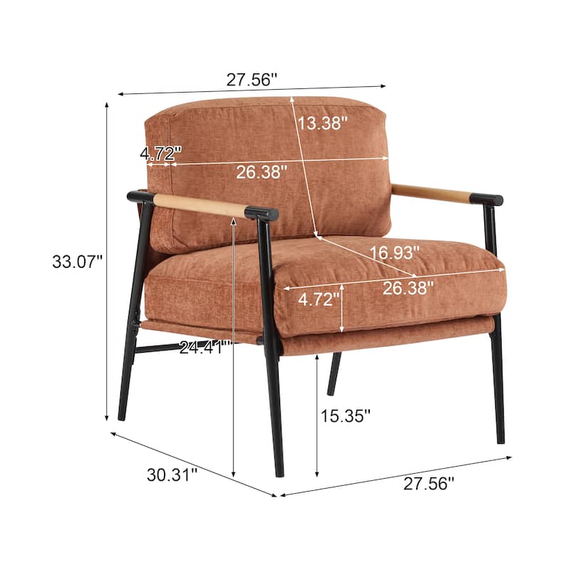 27.56" Modern Accent Chair with Plush Cushions, Minimalist Metal Frame, and Wooden Armrest Design