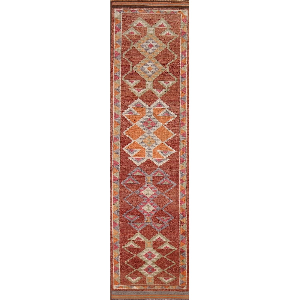 Orange Anatolian Turkish Vintage Runner Rug Hand-Knotted Wool Carpet - 2'9"x 12'9"