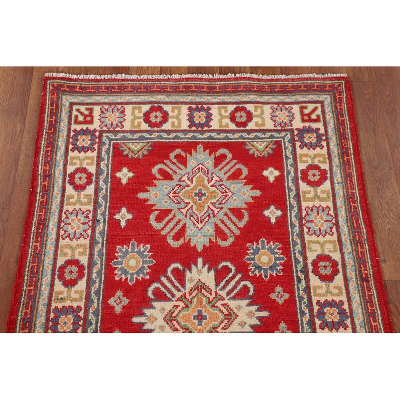 Geometric Red Kazak Foyer Rug Hand-Knotted Oriental Wool Carpet - 2'7" x 4'3"