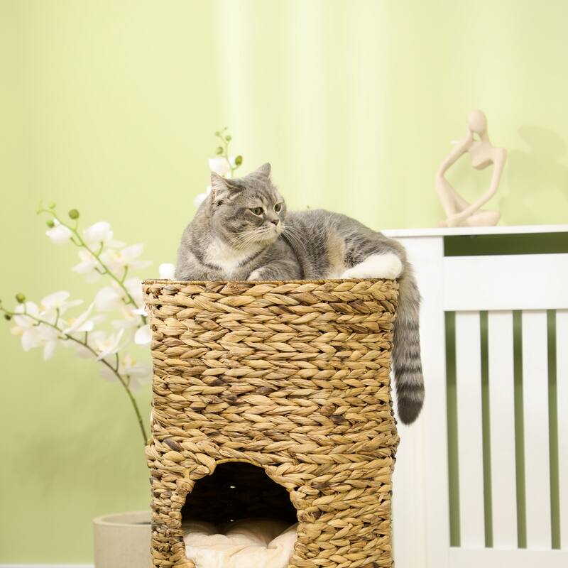 PawHut Elevated Cat Bed with Three Hideaways & Four Soft Plush Cushions, Cat Tower with Hand-Woven Materials