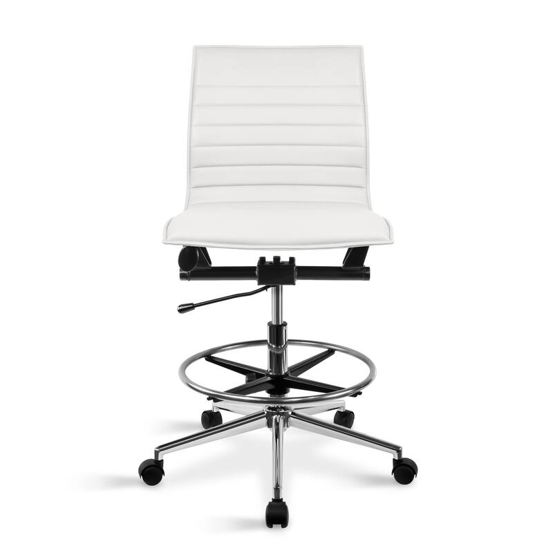 Modern Drafting Chair Upholstered PU Leather Ribbed Armless Mid Back with Tall Adjustable Base & Leg Rest - White