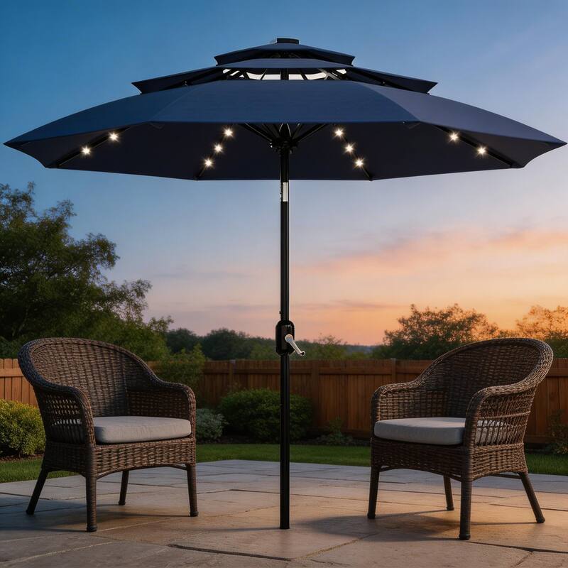 3-Tier Solar Patio Umbrella, with LED Lights and Vents - Navy Blue