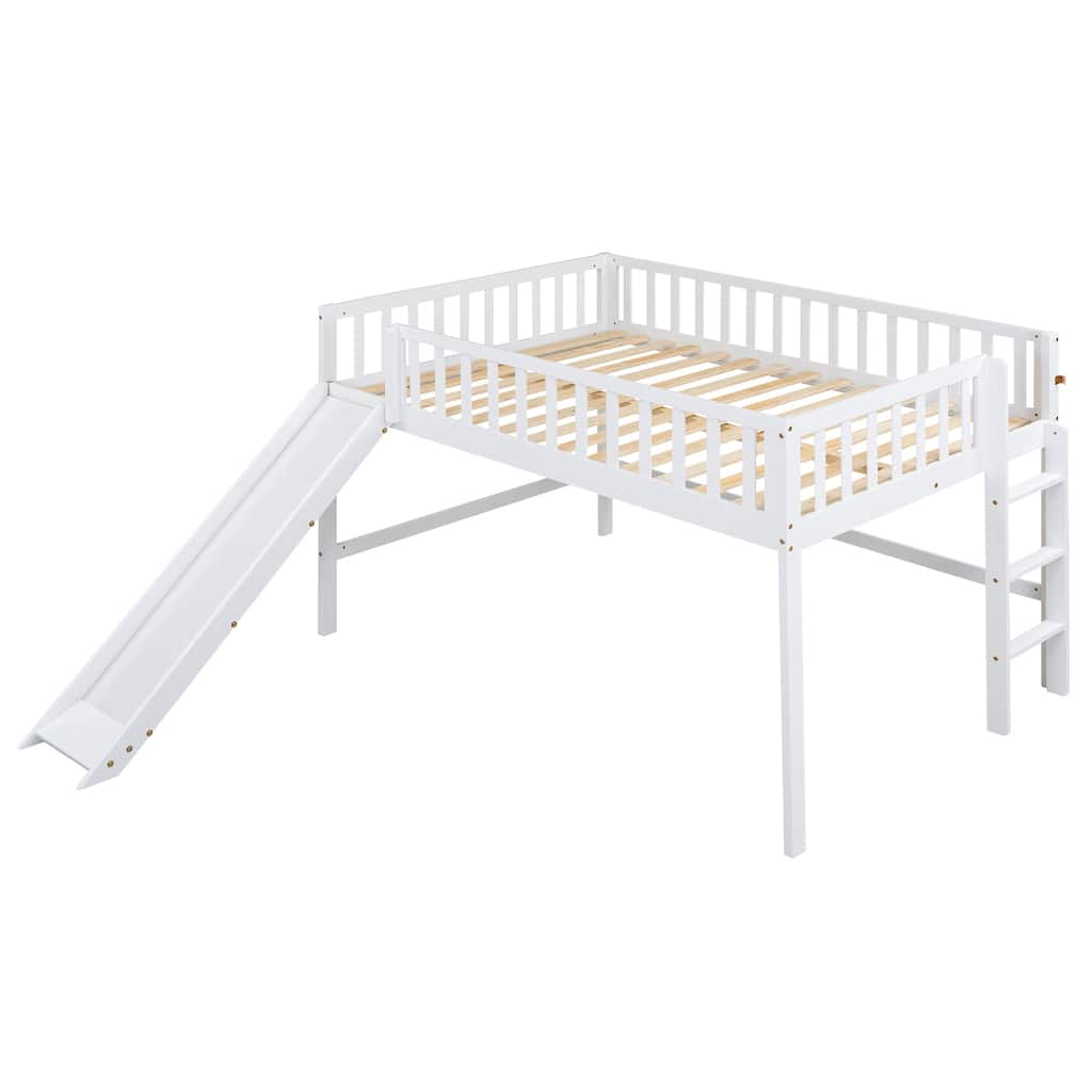 Low Loft Bed Full Size with Ladder and Slide, Solid Wood Full Loft Bed Frame with Full-Length Guardrail for Kids, Boys, Girls