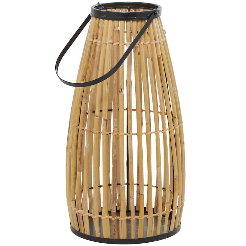 Brown Wicker Handmade Slatted Frame Decorative Candle Lantern with Handle