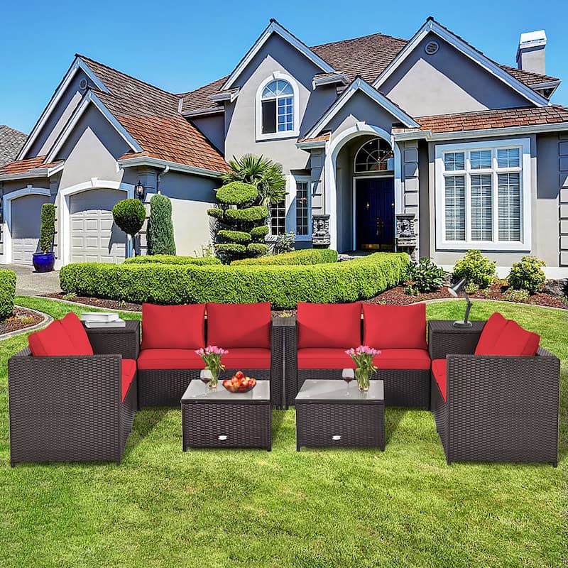 Costway 8PCS Outdoor Patio Rattan Furniture Set Cushioned Loveseat - Red