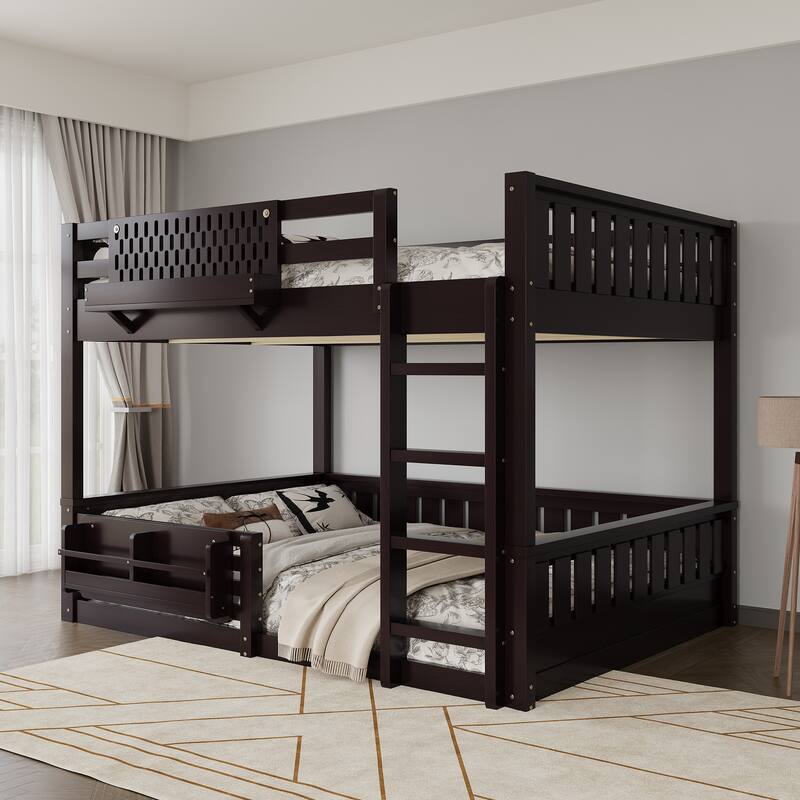 Wooden Bunk Bed of 3 Kinds Size with Pegboard, Bookshelf and Guardrails, Detachable Bunk Bed Convertible 2 Platform Beds