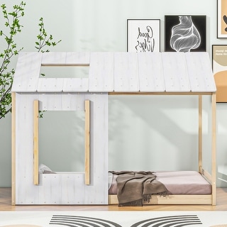 Twin House-Shaped Platform Bed with Roof and Window, Wooden Design