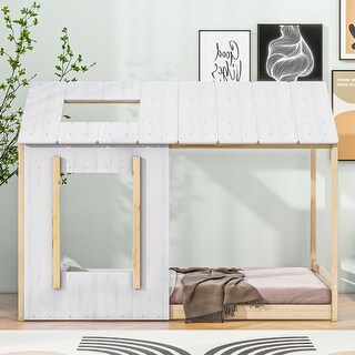 Unisex Modern Twin Size House Platform Bed Frame w/ Roof & Window