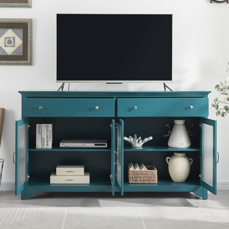66" TV Console, Storage Buffet Cabinet,Sideboard with Glass Door and Adjustable Shelves, Console Table - Teal Blue - Wood