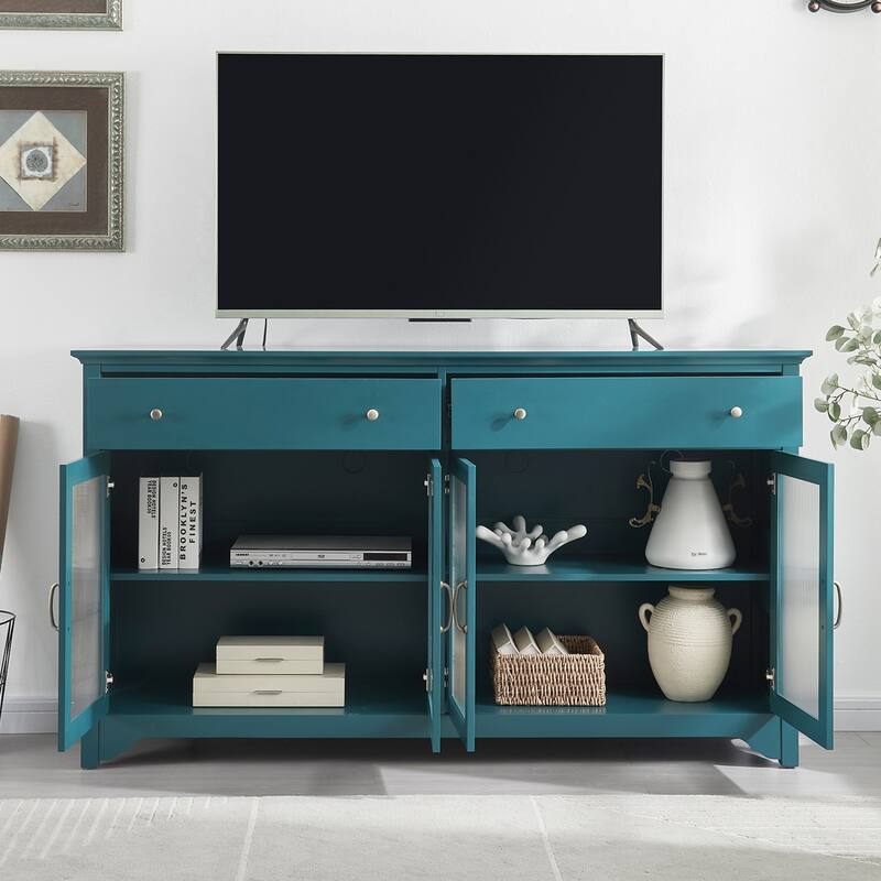 Multifunctional Teal Blue TV Console with Glass Doors and Cable