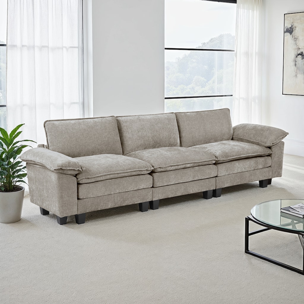 Terra 120.5" Chenille Living Room Sofa - Wood Finish Exposed Feet
