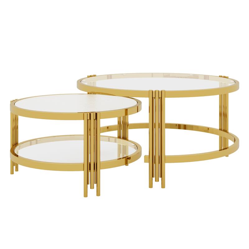 2-Piece Nesting Coffee Table Set, Round Glass Top Center Table with Lower Shelf, 2-Tier Metal Frame Storage Accent Tables