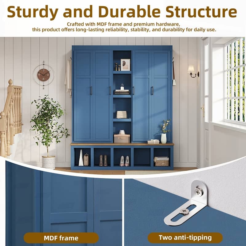 Farmhouse 4-in-1 Hall Tree with 6 Hanging Hooks, Mudroom Wood Grain Bench with Open Compartments