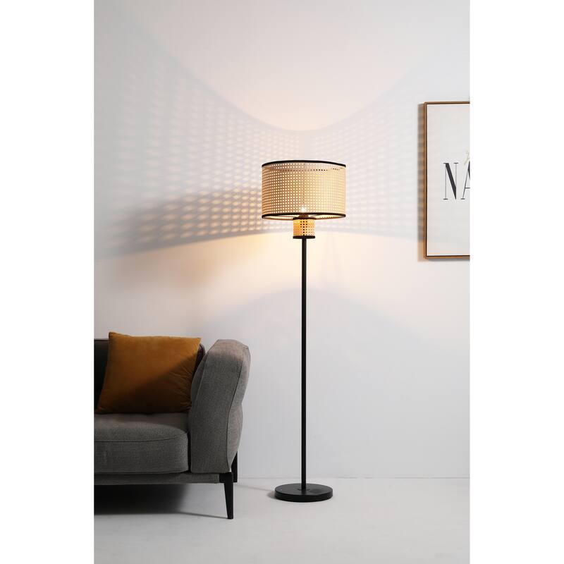 VidaLite Modern Bohemian Floor Lamp, 2 Tier PVC Rattan Shade with Velvet Rim