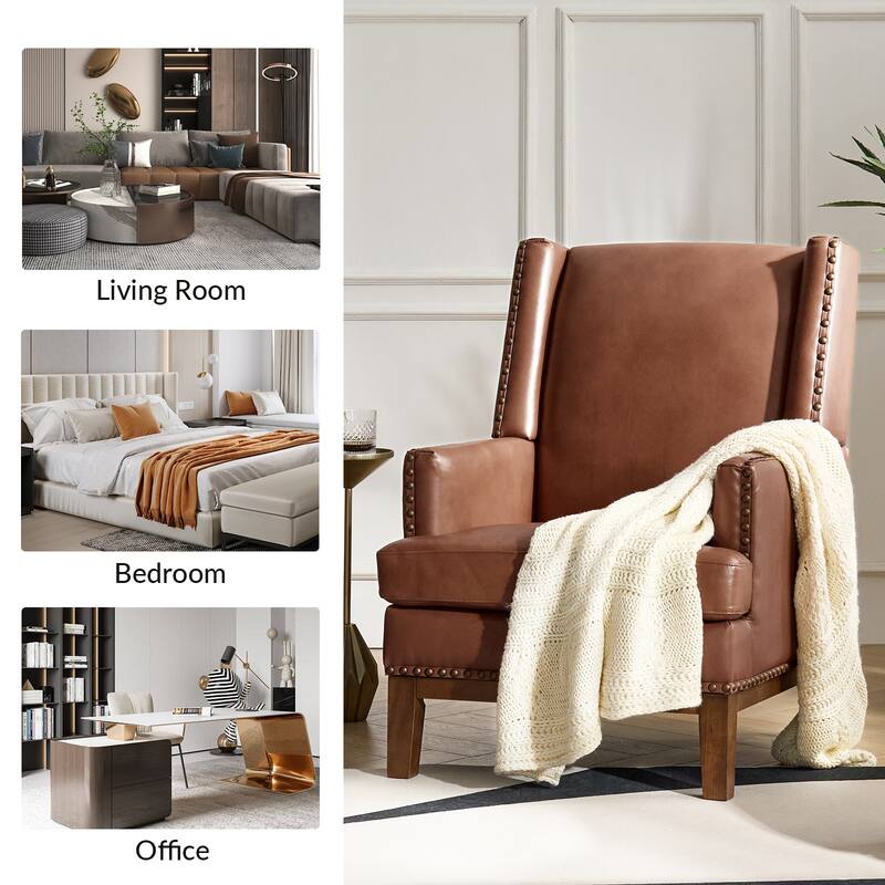 Lourdes Genuine Leather Armchair with Solid Wood Frame and Removable Seat Cushion by HULALA HOME