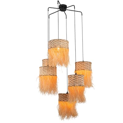 Amber 6-Light Hanging Cluster Pendant Coastal Elegance Chandelier With Natural Raffia Shade - 39 Wide
