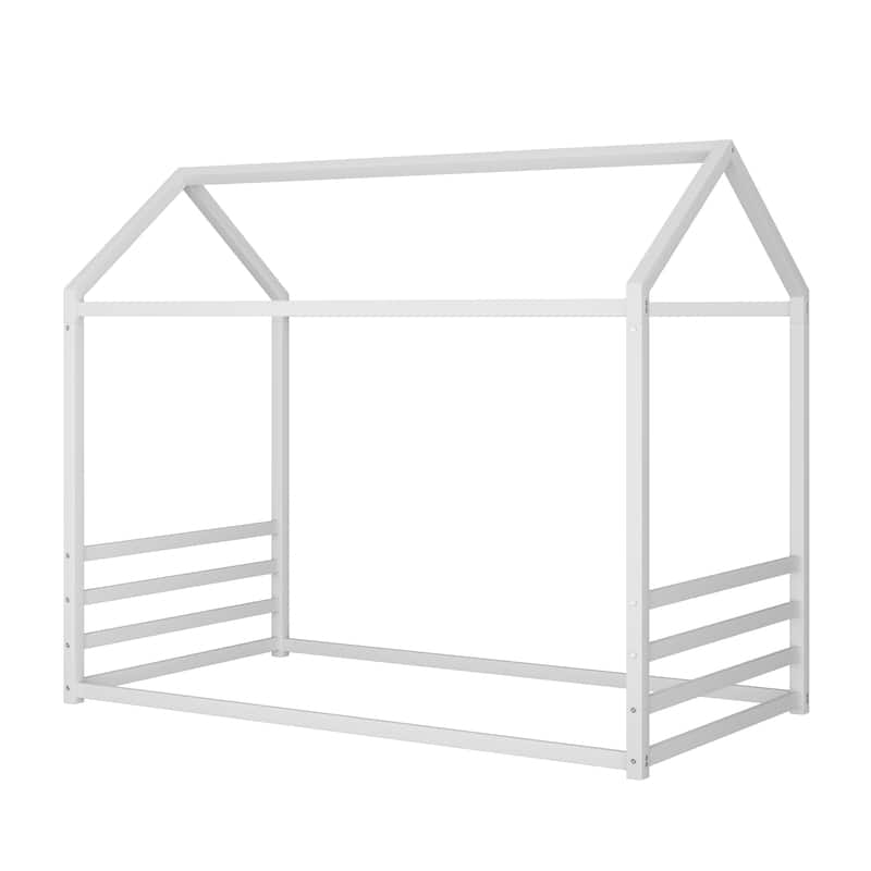 Montessori Style Metal Floor Bed Frame, House Shaped Bed for Kids and Toddlers, No Slats, House Bed
