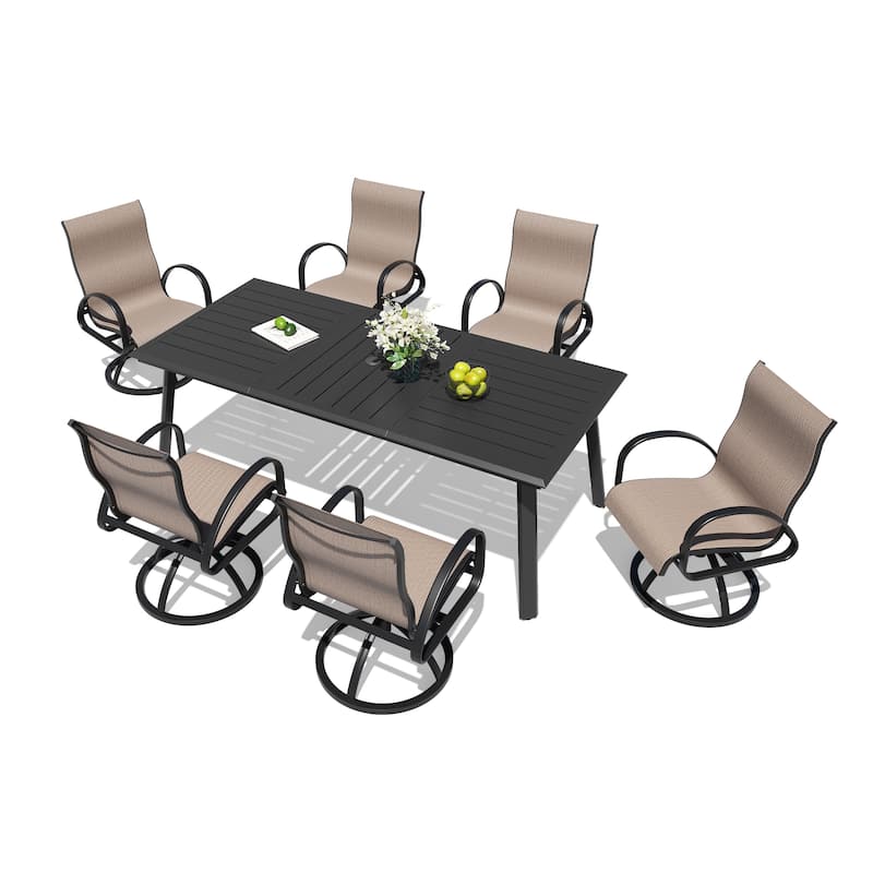 7/9PC Outdoor Patio Aluminum Dining Table with Sunbrella Swivel Dining Chairs Sunbrella Umbrella Hole