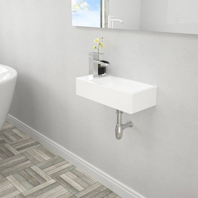 Lordear 14.5 inch White Rectangular Ceramic Wall Hung Sink with Side Faucet Mount