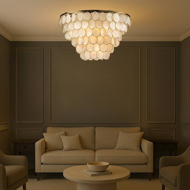 Wide Modern Coastal Aged Bronze Natural Capiz Shell Tiered Flush Mount Vintage Glam Ceiling Light For Living Room