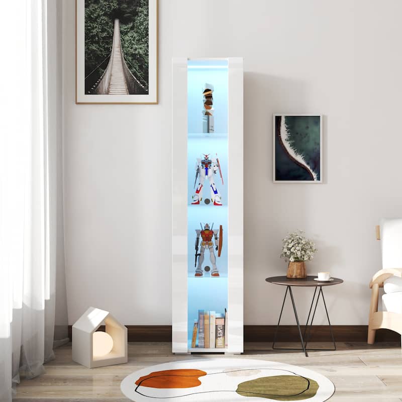 Storage Cabinets with Aluminum Strip Lamp & with Glass Shelves - White-4 Tiers