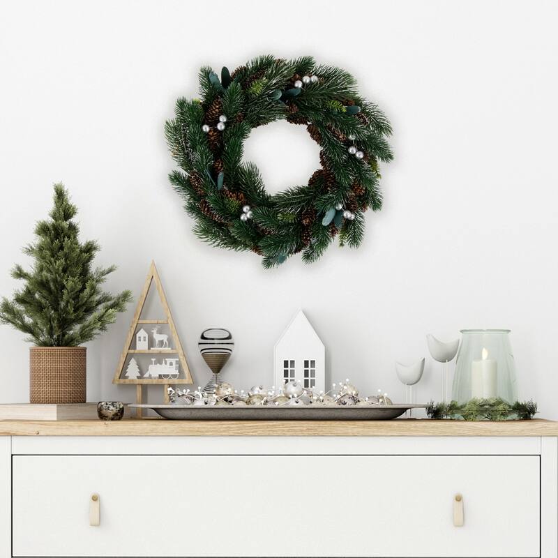 Green Pine, Pinecone Berries Artificial Christmas Wreath, 14", Unlit