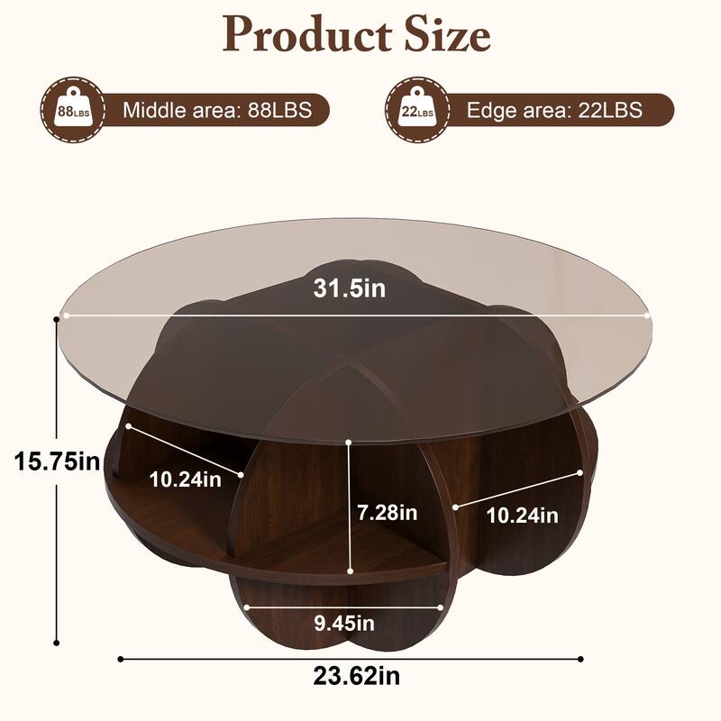 Round Coffee Table with Storage, 31.5 Inch Modern Farmhouse Center Table with Tempered Glass Top and Wooden MDF Frame