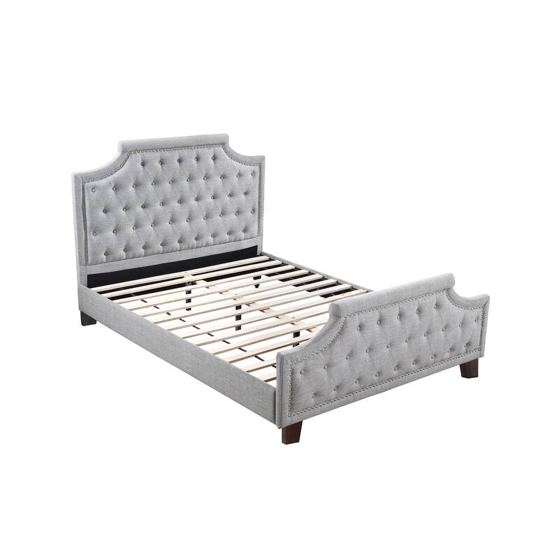 Grey Polyfiber American Traditional 1pcs Queen Size Bed Only Button Tufted Headbaord Footboard Bedroom Furniture - Grey
