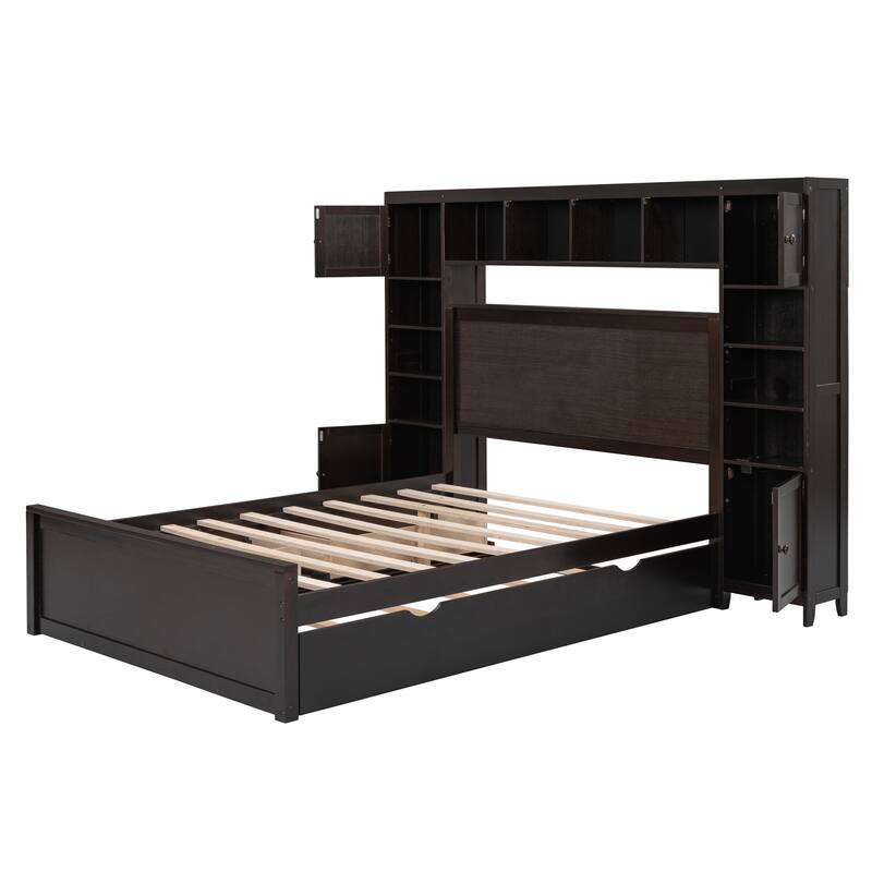Wood Platform Bed Frame with All-in-One Cabinet and Shelf