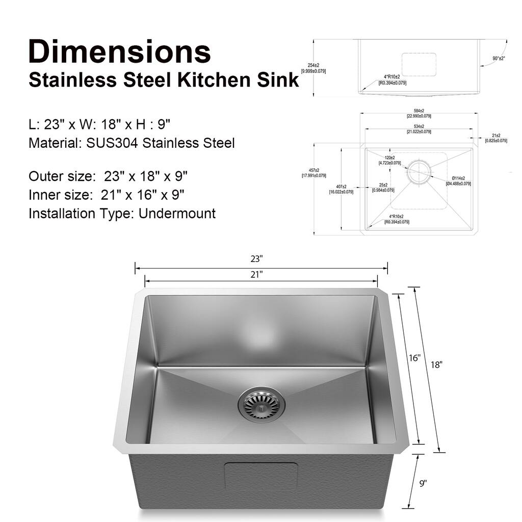 Mega Casa 23'' Undermount Single Bowl Handmade Sink, Stainless Steel Kitchen Sink, Sliver