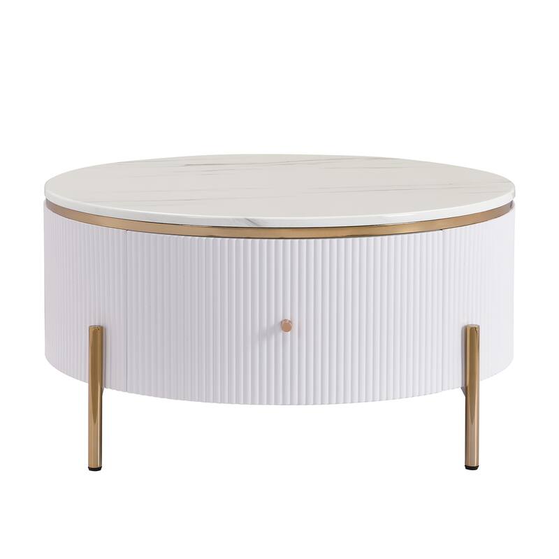Modern Round Coffee Table with 2 Large Drawers and Golden Legs