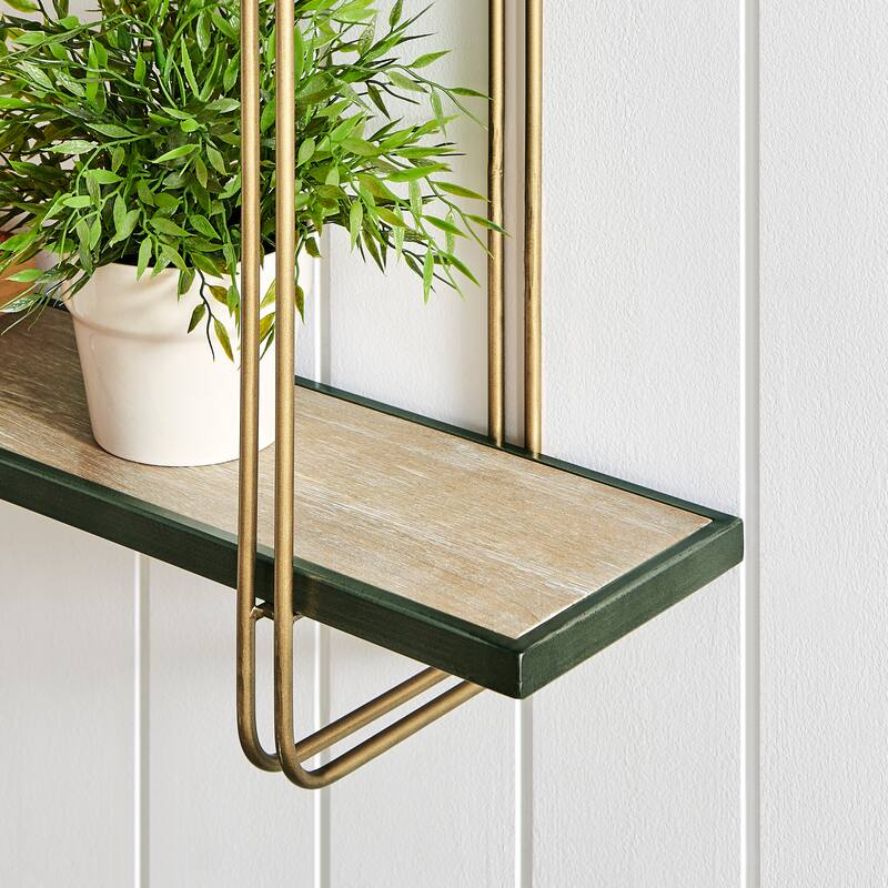 Danya B. Two-Tier Warm Gold and Washed Oak Brown Metal Hanging Bracket Wall Mounted Shelf