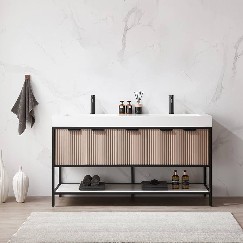 Marcilla 60 in. Double Sink Bath Vanity with Stone Sink Top - 60 in. - Coffee-No Mirror