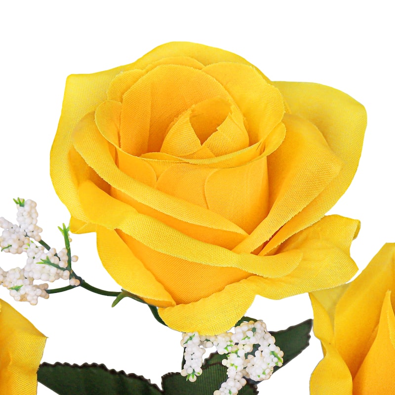 Set of 12 Yellow Artificial Open Rose Flower Stem Bush Bouquet 14in - 14" L x 7" W x 7" DP
