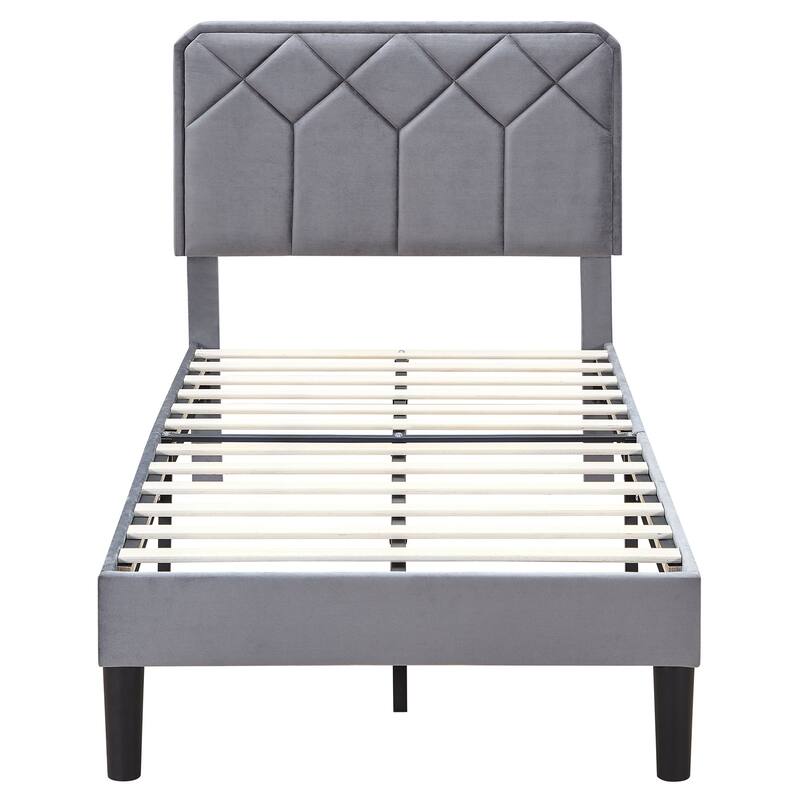 2 Pcs Upholstered Twin Size Platform Bed with Adjustable Headboard Twin Platform Bed Set of 2