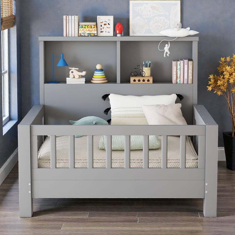 Twin Platform Bed with Storage Headboard, Safety Guardrails and Pull-Out Convertible Sofa/Playpen Design