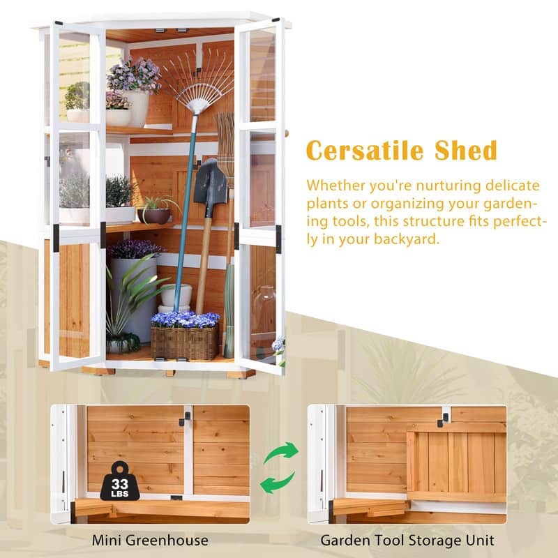 63'' Height Garden Wood Storage Cabinet Outdoor Tool Storage Shed, Mini Greenhouse Cold Frame
