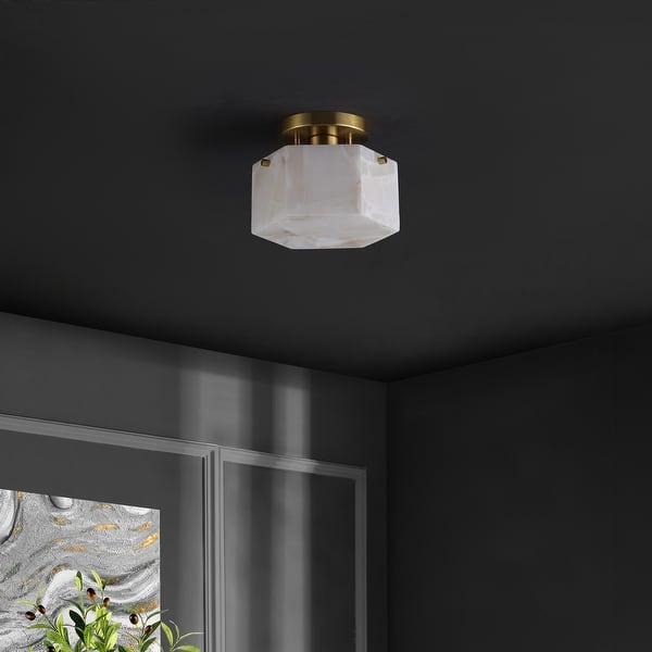 slide 2 of 7, SAFAVIEH Kory 8-inch Alabaster & Metal Semi-Flush Mount - 8" W x 8" D x 7" H